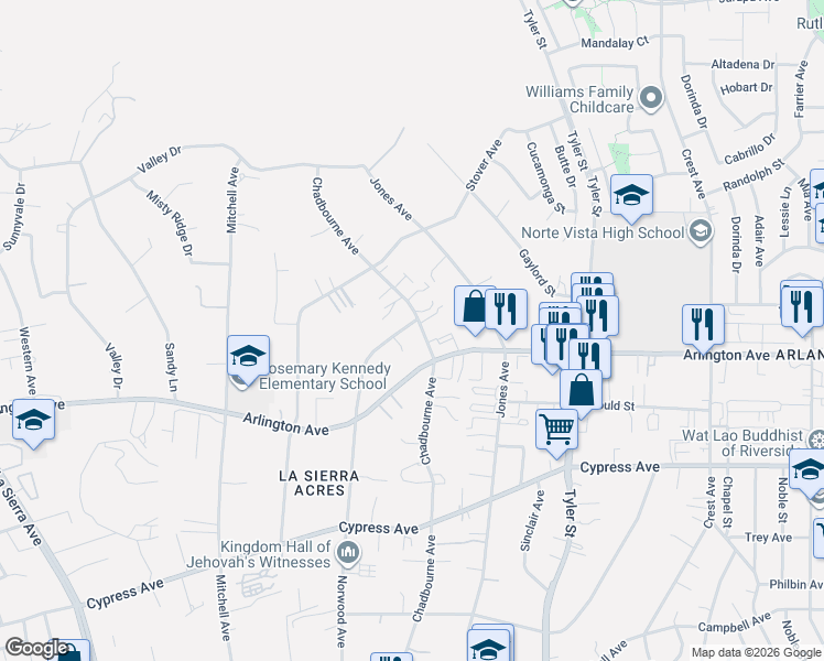 map of restaurants, bars, coffee shops, grocery stores, and more near 6600 Chadbourne Avenue in Riverside