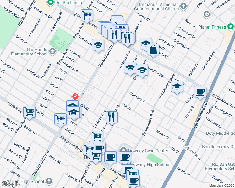 map of restaurants, bars, coffee shops, grocery stores, and more near 10500 La Reina Avenue in Downey