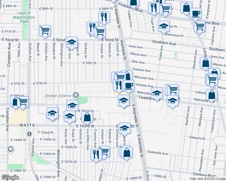 map of restaurants, bars, coffee shops, grocery stores, and more near 2292 East 97th Street in Los Angeles