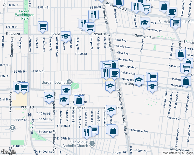 map of restaurants, bars, coffee shops, grocery stores, and more near 2292 East 97th Street in Los Angeles
