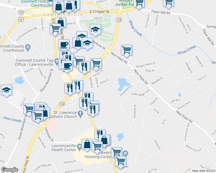map of restaurants, bars, coffee shops, grocery stores, and more near 155 Bailey Street in Lawrenceville
