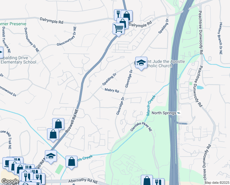 map of restaurants, bars, coffee shops, grocery stores, and more near 631 Mabry Road in Sandy Springs