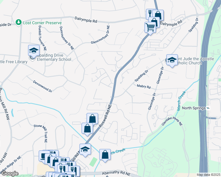 map of restaurants, bars, coffee shops, grocery stores, and more near 7320 Cardigan Circle Northeast in Atlanta