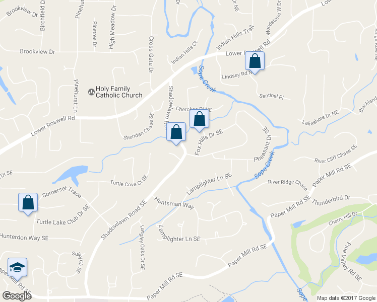 map of restaurants, bars, coffee shops, grocery stores, and more near 3828 Fox Hills Drive Southeast in Marietta