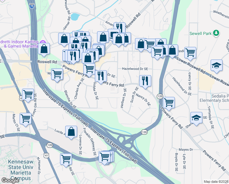 map of restaurants, bars, coffee shops, grocery stores, and more near 150 Powers Ferry Road in Marietta