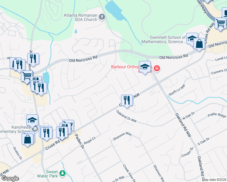map of restaurants, bars, coffee shops, grocery stores, and more near 799 Terrace Trace in Lawrenceville