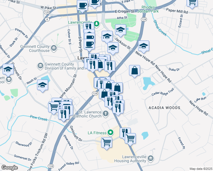 map of restaurants, bars, coffee shops, grocery stores, and more near 182 Scenic Highway North in Lawrenceville