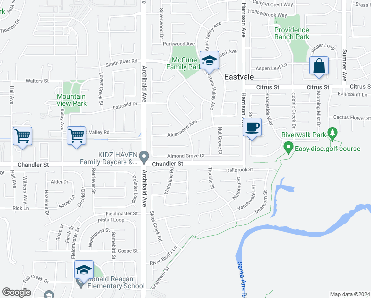 map of restaurants, bars, coffee shops, grocery stores, and more near 14027 Tiger Lily Court in Corona