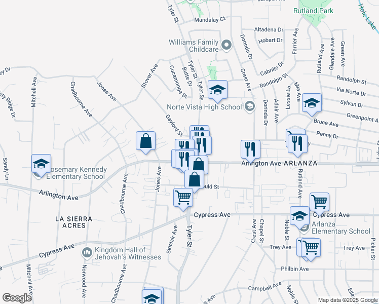 map of restaurants, bars, coffee shops, grocery stores, and more near 10303 Arlington Avenue in Riverside