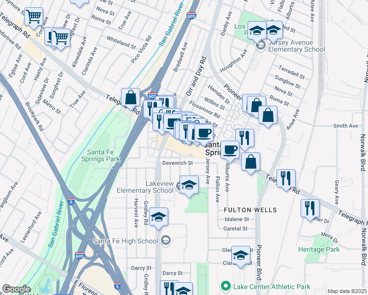 map of restaurants, bars, coffee shops, grocery stores, and more near 11462 Telegraph Road in Santa Fe Springs