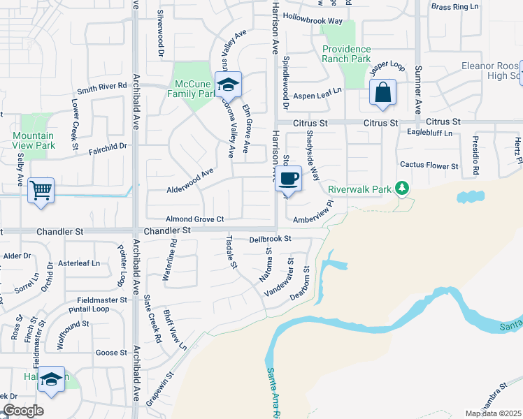 map of restaurants, bars, coffee shops, grocery stores, and more near 13833 Star Gazer Court in Corona