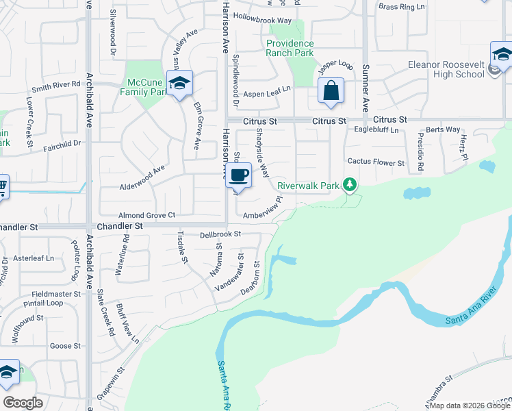 map of restaurants, bars, coffee shops, grocery stores, and more near 13723 Deerpath Circle in Corona