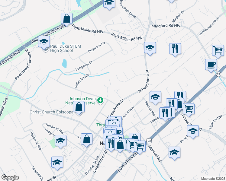 map of restaurants, bars, coffee shops, grocery stores, and more near 262 Sunset Hills Drive in Norcross