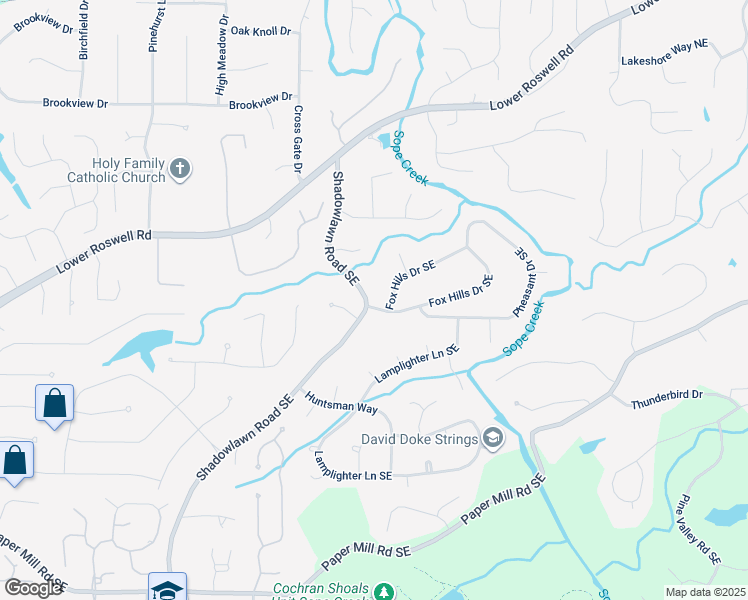map of restaurants, bars, coffee shops, grocery stores, and more near 3828 Fox Hills Drive Southeast in Marietta