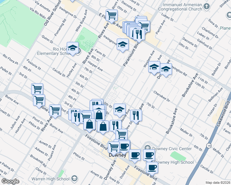 map of restaurants, bars, coffee shops, grocery stores, and more near 10629 Golden Rain Lane in Downey