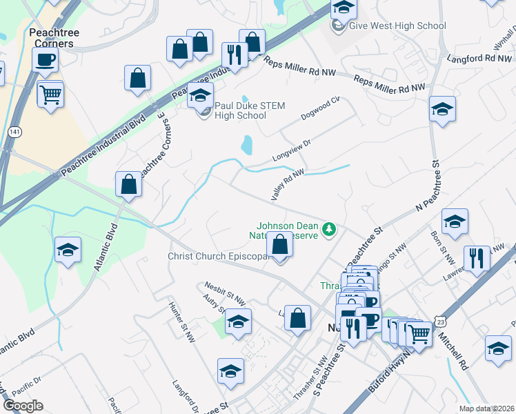 map of restaurants, bars, coffee shops, grocery stores, and more near 542 Sunset Drive in Norcross