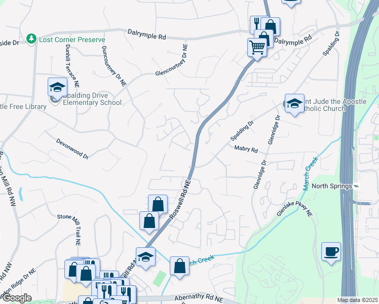 map of restaurants, bars, coffee shops, grocery stores, and more near 7320 Cardigan Circle Northeast in Atlanta