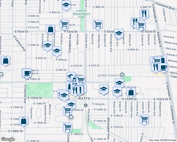 map of restaurants, bars, coffee shops, grocery stores, and more near 9802 Graham Avenue in Los Angeles