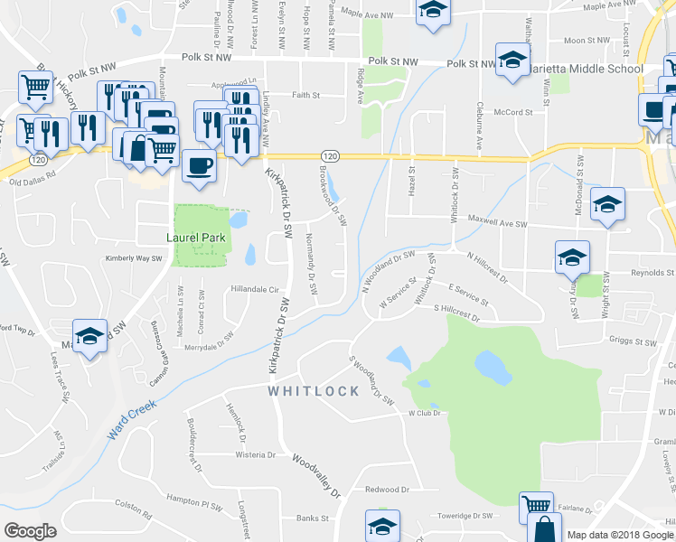 map of restaurants, bars, coffee shops, grocery stores, and more near 483 Brookwood Court in Marietta