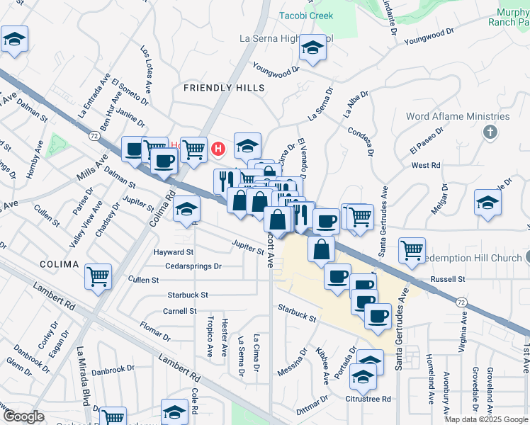 map of restaurants, bars, coffee shops, grocery stores, and more near 15265 Whittier Boulevard in Whittier