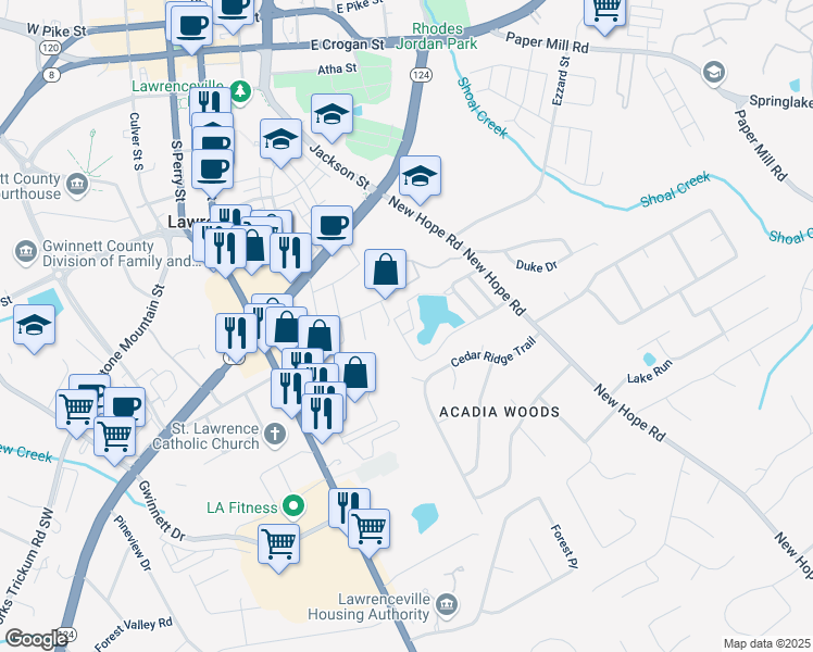 map of restaurants, bars, coffee shops, grocery stores, and more near 63 Sandalwood Circle in Lawrenceville