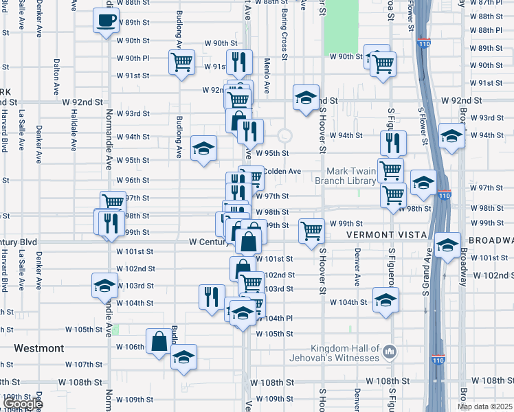 map of restaurants, bars, coffee shops, grocery stores, and more near 849 West 98th Street in Los Angeles