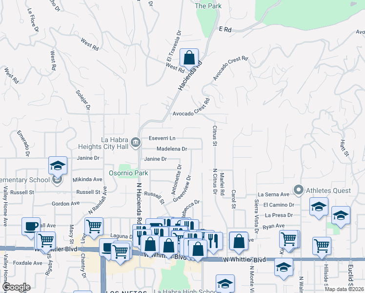 map of restaurants, bars, coffee shops, grocery stores, and more near 219 Madelena Drive in La Habra Heights