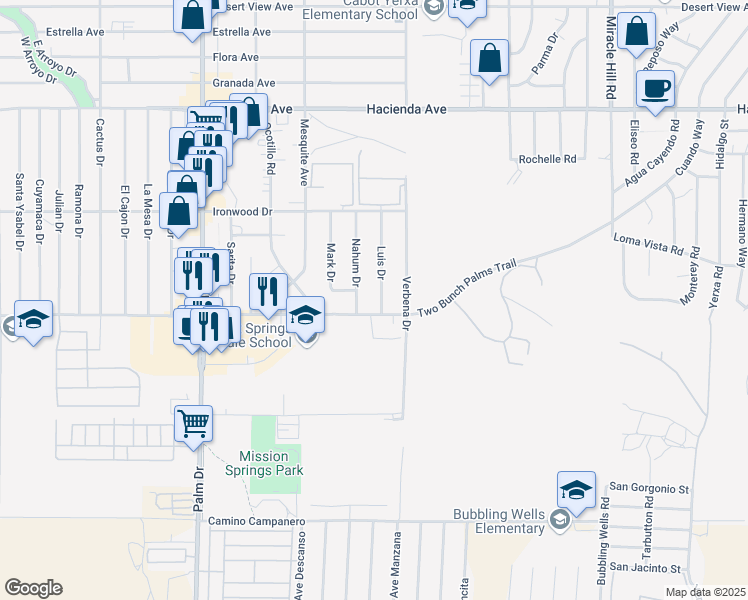 map of restaurants, bars, coffee shops, grocery stores, and more near 13895 Luis Drive in Desert Hot Springs
