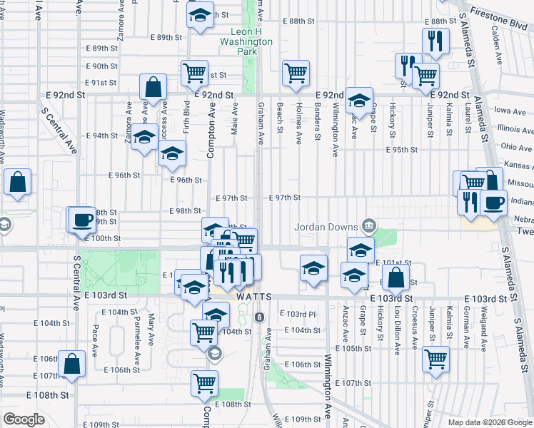 map of restaurants, bars, coffee shops, grocery stores, and more near 9802 Graham Avenue in Los Angeles