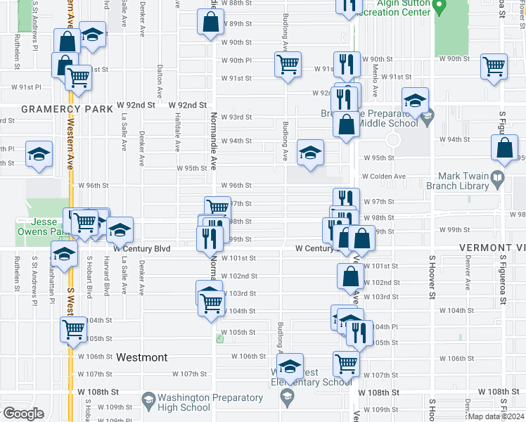 map of restaurants, bars, coffee shops, grocery stores, and more near 1236 West 97th Street in Los Angeles