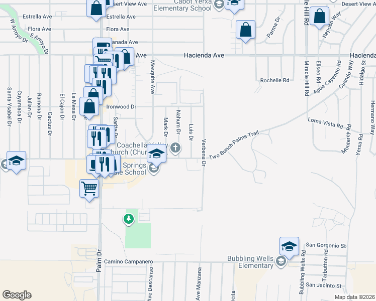 map of restaurants, bars, coffee shops, grocery stores, and more near 13895 Luis Drive in Desert Hot Springs
