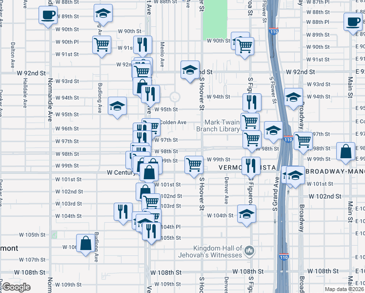 map of restaurants, bars, coffee shops, grocery stores, and more near 743 West 97th Street in Los Angeles