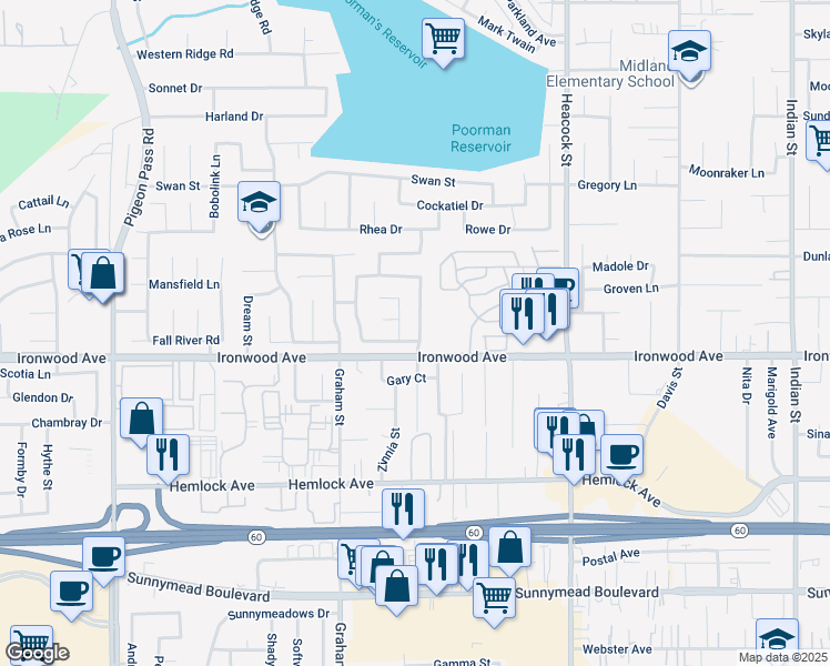 map of restaurants, bars, coffee shops, grocery stores, and more near 11955 Bayless Street in Moreno Valley