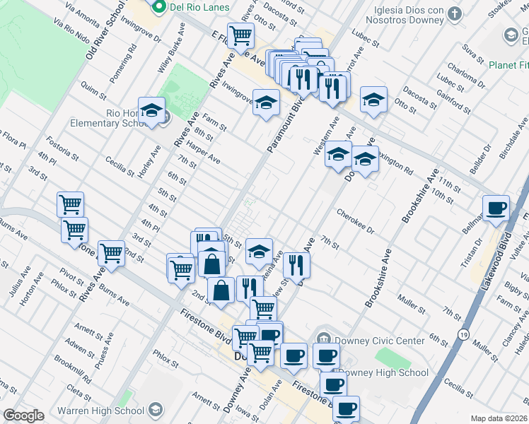 map of restaurants, bars, coffee shops, grocery stores, and more near 10600 Parrot Avenue in Downey