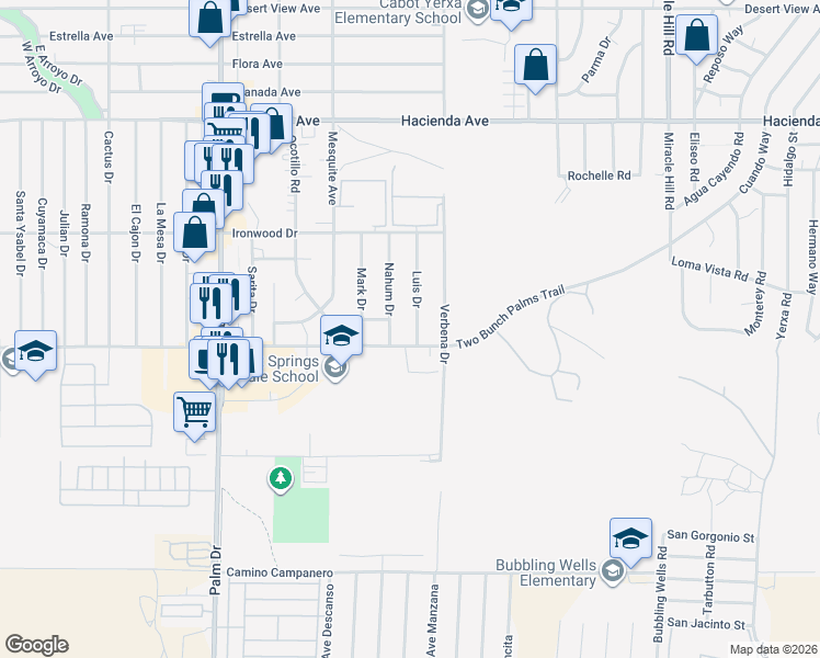 map of restaurants, bars, coffee shops, grocery stores, and more near 13815 Nahum Drive in Desert Hot Springs