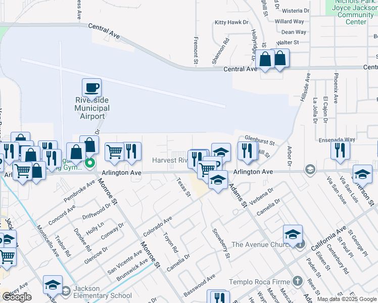 map of restaurants, bars, coffee shops, grocery stores, and more near 6851 Neil Street in Riverside