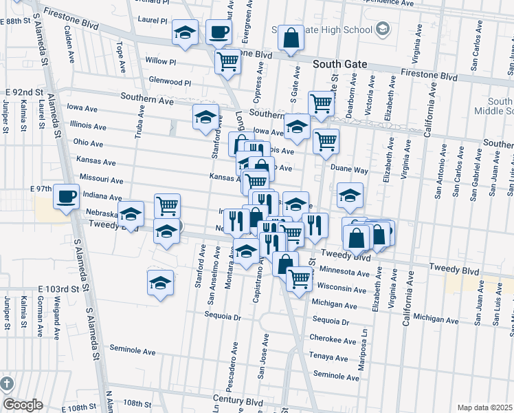 map of restaurants, bars, coffee shops, grocery stores, and more near 9715 Long Beach Boulevard in South Gate