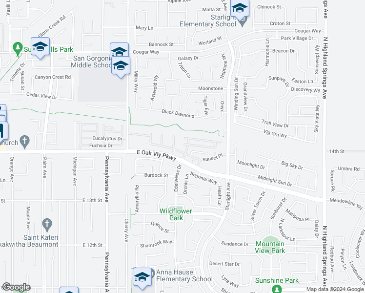 map of restaurants, bars, coffee shops, grocery stores, and more near 1445 Edelweiss Drive in Beaumont