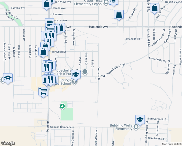 map of restaurants, bars, coffee shops, grocery stores, and more near 13815 Nahum Drive in Desert Hot Springs