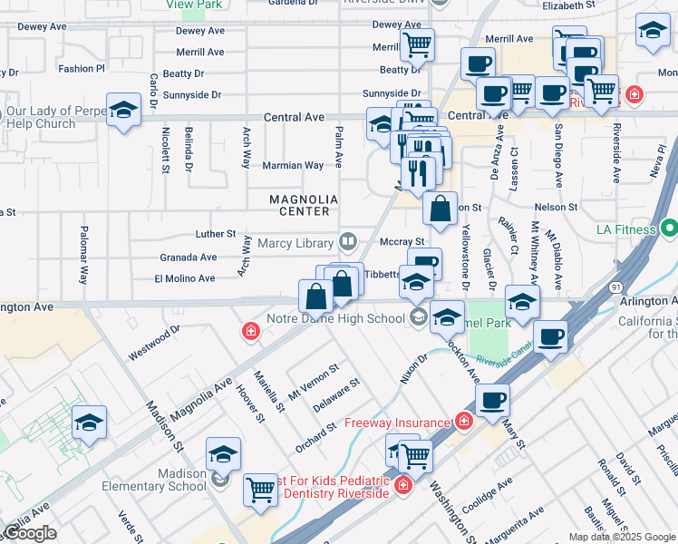 map of restaurants, bars, coffee shops, grocery stores, and more near 6919 Magnolia Avenue in Riverside