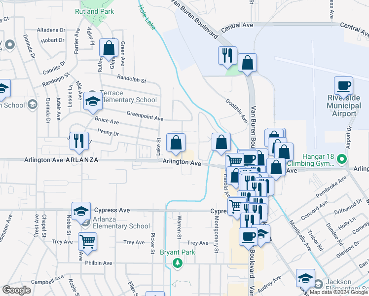 map of restaurants, bars, coffee shops, grocery stores, and more near 8209 Zinnia Place in Riverside