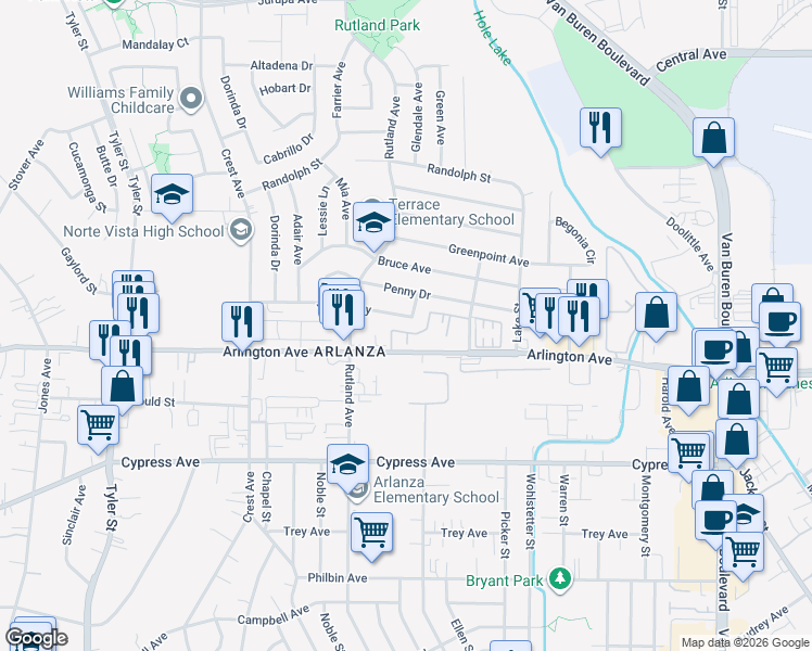 map of restaurants, bars, coffee shops, grocery stores, and more near 8723 Jo Jo Way in Riverside