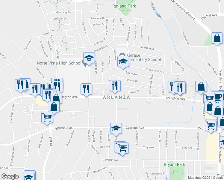map of restaurants, bars, coffee shops, grocery stores, and more near 9200 Jo Jo Way in Riverside