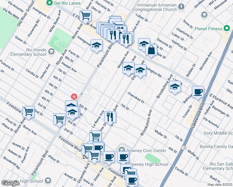 map of restaurants, bars, coffee shops, grocery stores, and more near 10500 La Reina Avenue in Downey