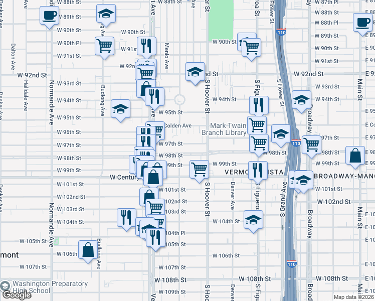 map of restaurants, bars, coffee shops, grocery stores, and more near 743 West 97th Street in Los Angeles