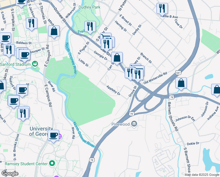 map of restaurants, bars, coffee shops, grocery stores, and more near 122 Carrs Hill in Athens