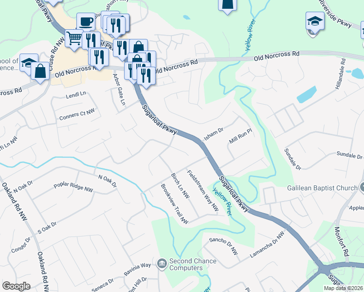 map of restaurants, bars, coffee shops, grocery stores, and more near 1675 Oak Ridge Way Northwest in Lawrenceville