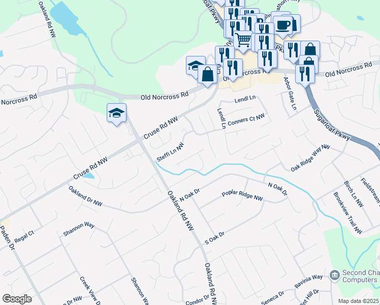 map of restaurants, bars, coffee shops, grocery stores, and more near 2017 Allwood Court Northwest in Lawrenceville