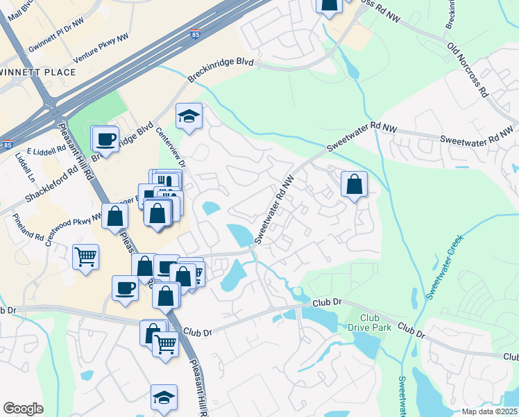 map of restaurants, bars, coffee shops, grocery stores, and more near 3405 Sweetwater Road in Lawrenceville