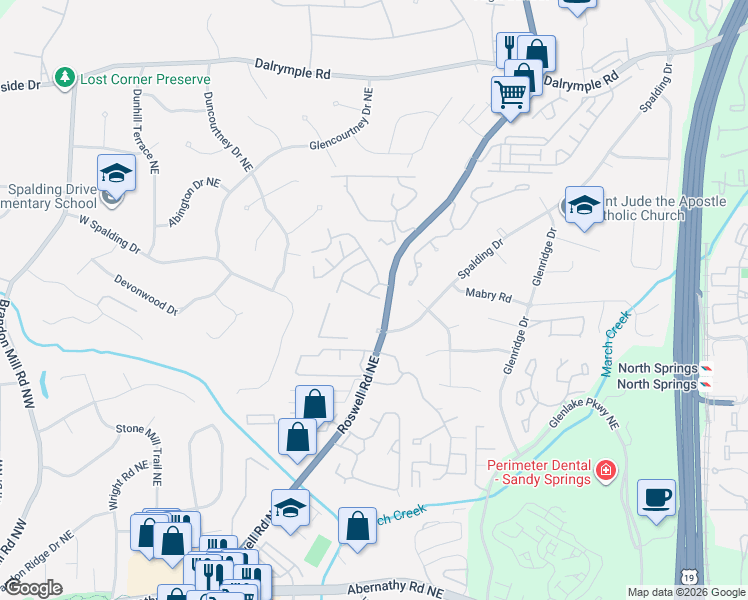 map of restaurants, bars, coffee shops, grocery stores, and more near 7320 Cardigan Circle Northeast in Atlanta
